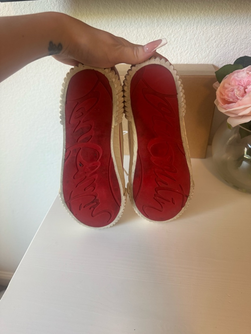 Christian Louboutin Ivory and Red Low-Top Canvas Sneakers - Picture 6 of 13